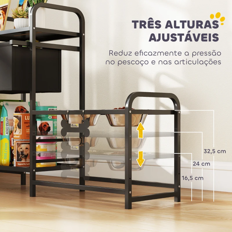 PawHut Comedouro Elevado para Cães com Gaveta em Tecido 2 Taças de Aço Inoxidável 2x800 ml Altura Ajustável 2 Prateleiras 89,5x27x74 cm Preto