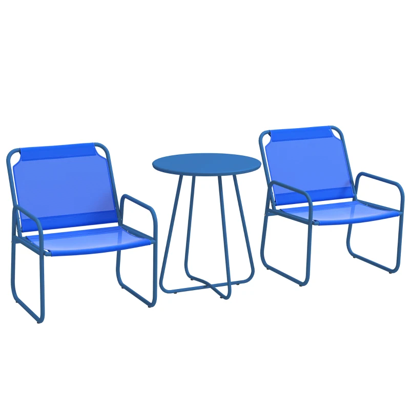Outsunny Conjunto de jardim 3 peças, conjunto de exterior, 2 poltronas 1 mesa redonda, aço e tecido mesh, azul-marinho