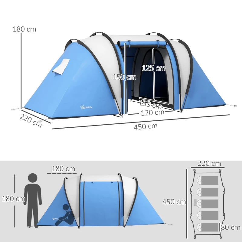 Outsunny Tenda da Campeggio 2 Posti Impermeabile con 2 Stanze Borsa di Trasporto, 220x450x180 cm, Blu