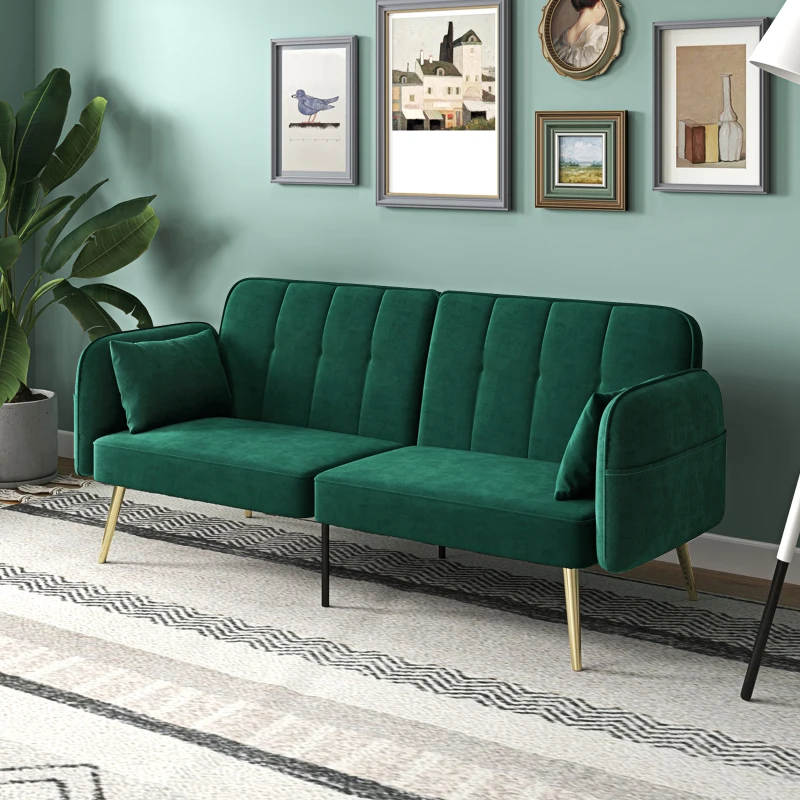 HOMCOM Sofá-cama 2 lugares clic-clac em tecido veludo com encosto regulável, verde escuro