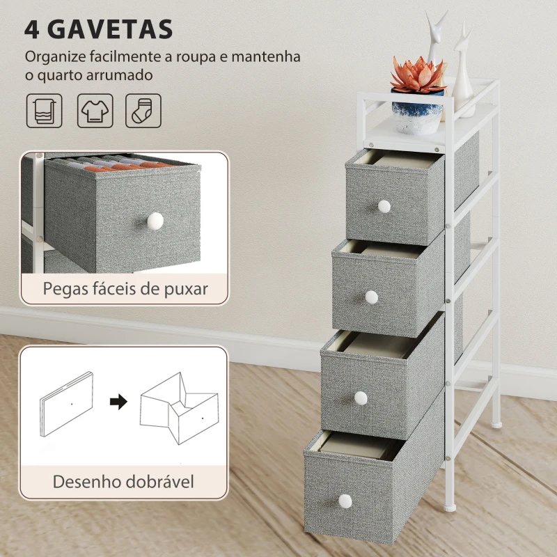 HOMCOM Móvel de Arrumação Estreito com 4 Gavetas de Tecido para Espaços Pequenos 20x43x81,5 cm Cinzento Claro