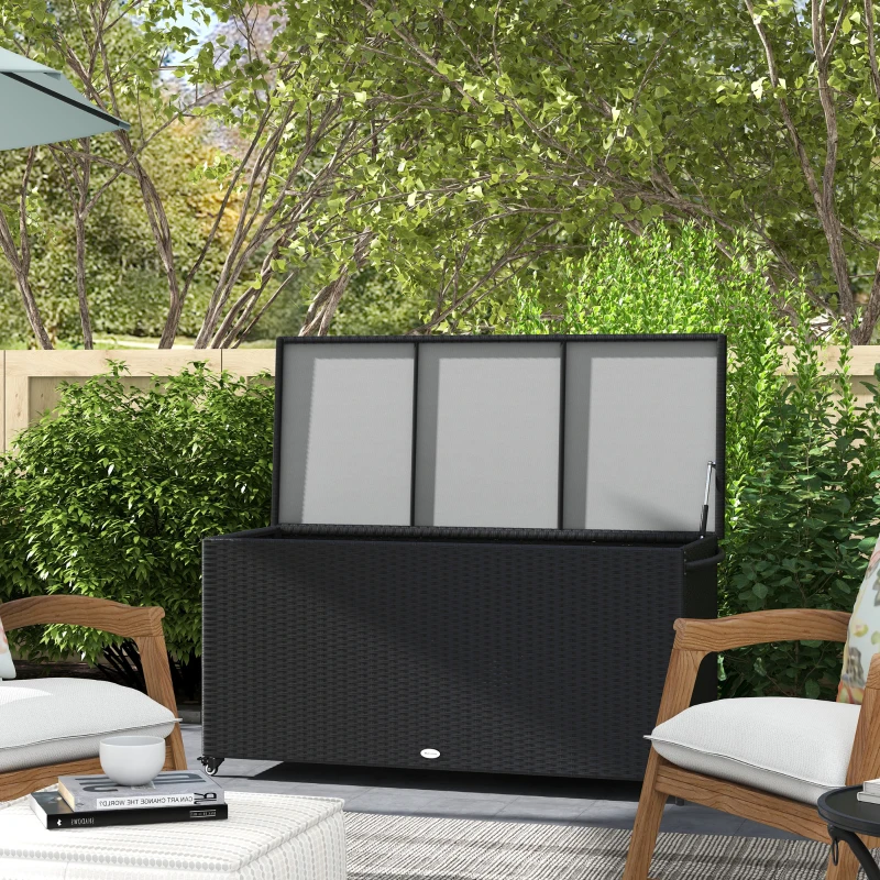 Outsunny Baú de Jardim em Rattan PE com Rodas e Pega Lateral, 121x57x67cm, Preto