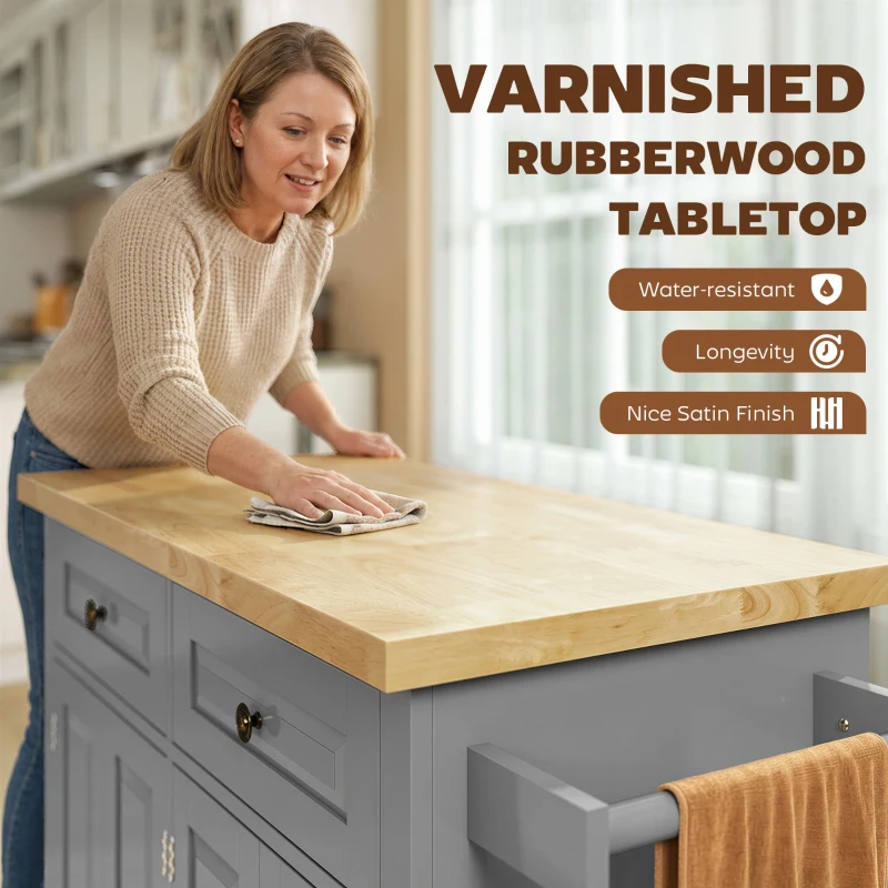 HOMCOM Rolling Kitchen Island Storage Trolley with Rubber Wood Top & Drawers for Dining Room, Grey