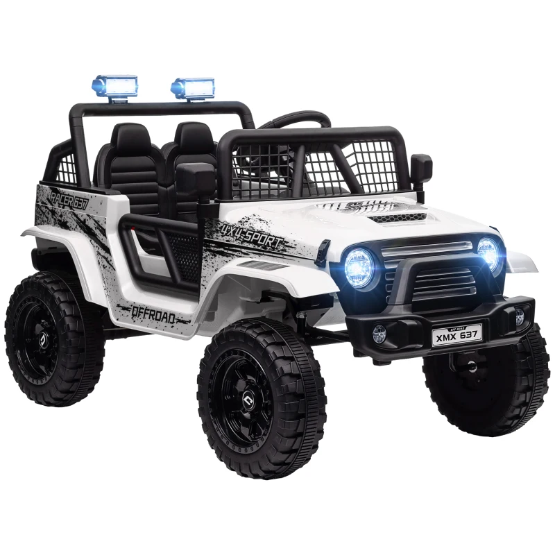 AIYAPLAY Carro elétrico infantil com suspensão suave, controlável por controle remoto, luzes LED, buzina, motores 12V, em plástico e metal, branco