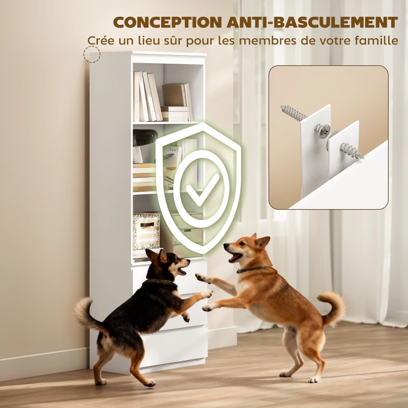 HOMCOM Bibliothèque haute de 180 cm avec 3 étagères et 3 tiroirs 60 x 35 x 180 cm en bois blanc