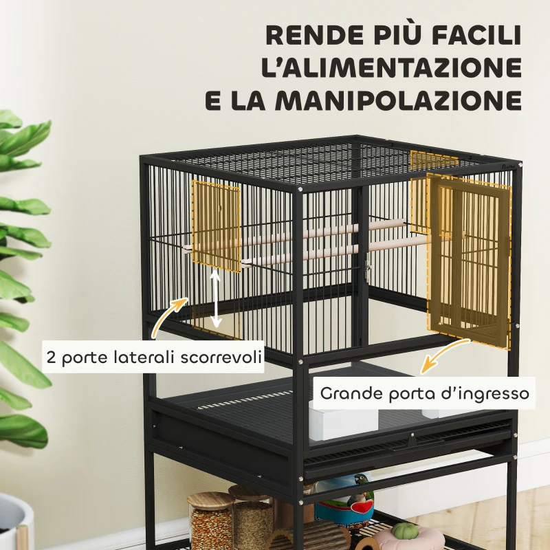 PawHut Gabbia per Uccelli con Ripiano Inferiore, Vassoio e Griglia Rimovibili, in Acciaio e PP, 48x46x83 cm, Nero
