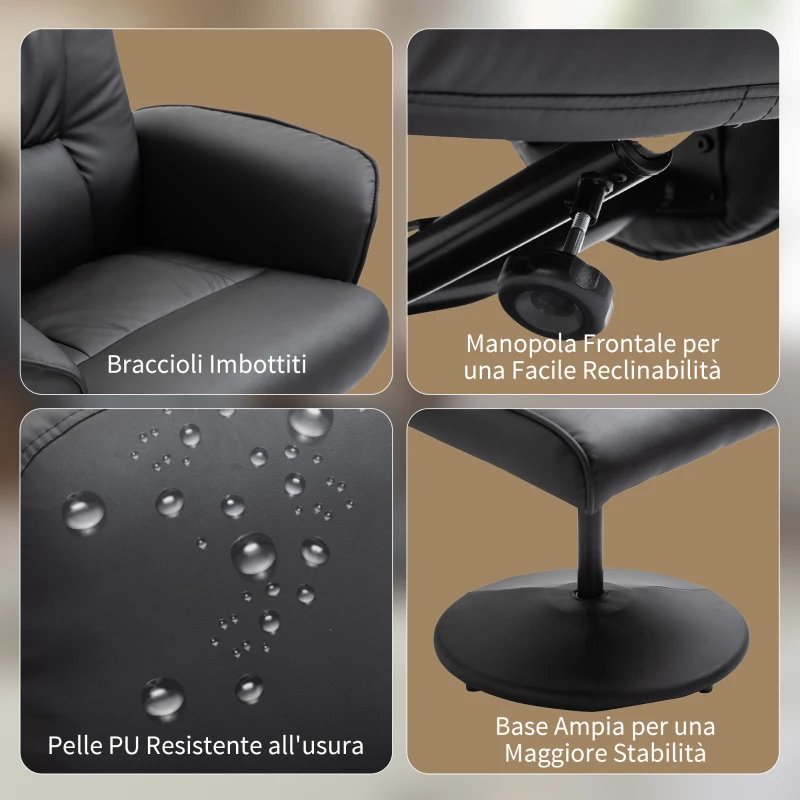 HOMCOM Poltrona Massaggiante con Pouf Poggiapiedi, Reclinabile a 145° con Seduta Girevole e 10 Punti Massaggio, Nero