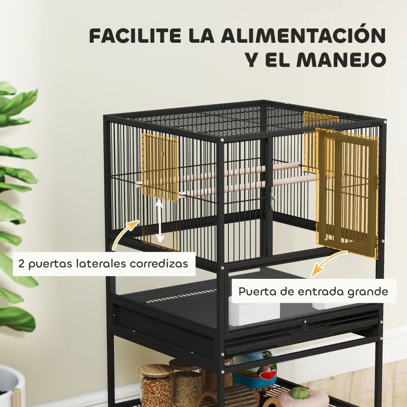 PawHut Jaula para Pájaros con Paneles Acrílicos Comederos Soporte Ruedas y Estante Inferior 48x46x83 cm Negro