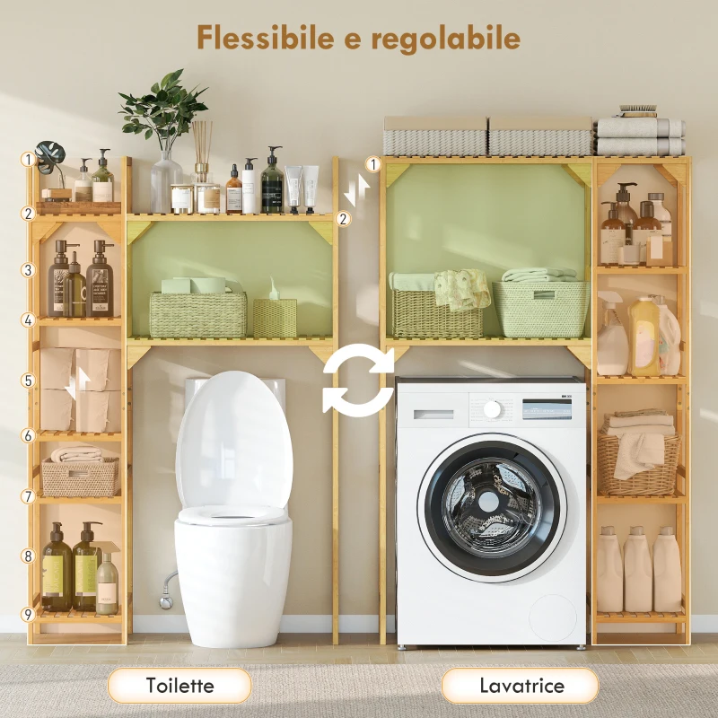 HOMCOM Mobile Sopra Lavatrice a 7 Ripiani con Spazio Regolabile, in Bambù, 100x40x157 cm, color Legno