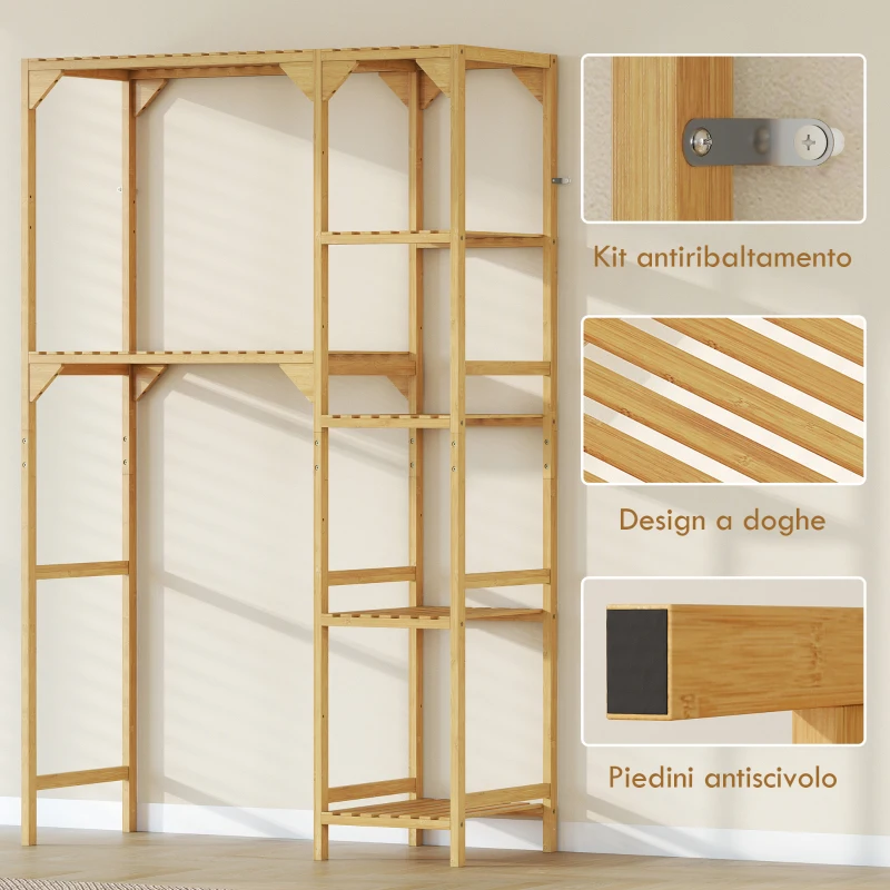 HOMCOM Mobile Sopra Lavatrice a 7 Ripiani con Spazio Regolabile, in Bambù, 100x40x157 cm, color Legno