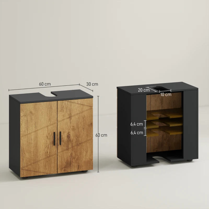 kleankin Móvel sob lavatório para casa de banho 2 portas com prateleira 60 x 30 x 60 cm cinzento antracite e aspeto madeira