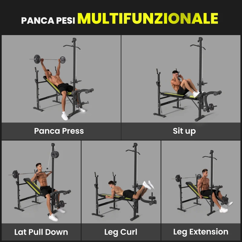 HOMCOM Panca Multifunzione Stazione Fitness con Schienale Regolabile su 3 Livelli, Supporto Gambe e Barra Superiore, 175x110x202cm, Nero