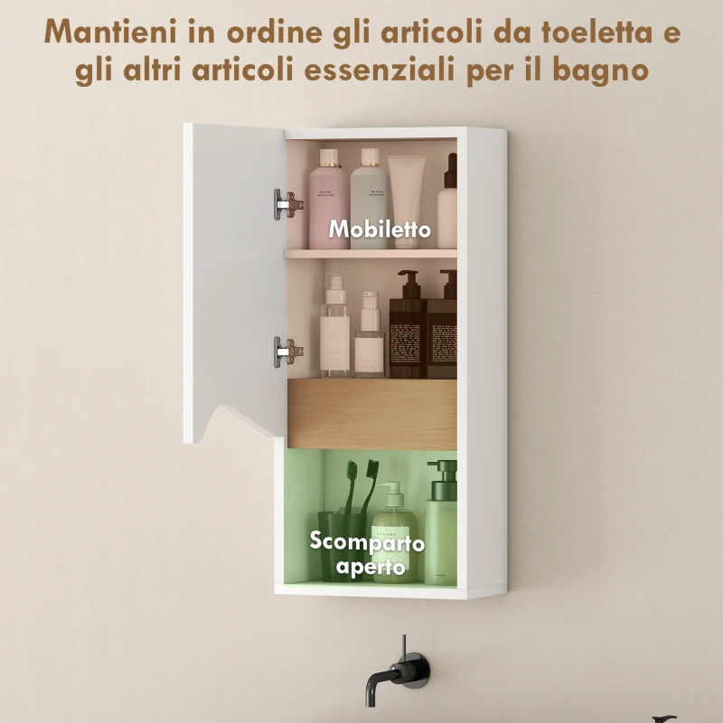 HOMCOM Pensile Bagno con Ripiano Aperto e Armadietto con Scaffale Regolabile, in Legno, 30x17x67 cm, Bianco e color Legno