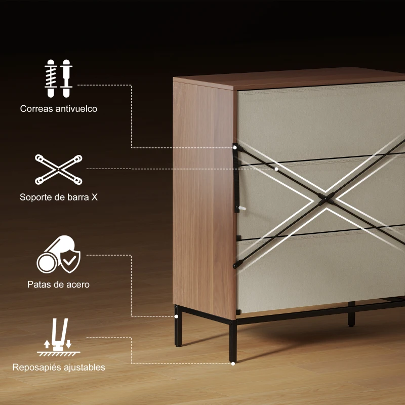 HOMCOM Cómoda con 3 Cajones de Tela Frentes con Patrón de Diamante para Salón Oficina Vestidor Natural y Blanco