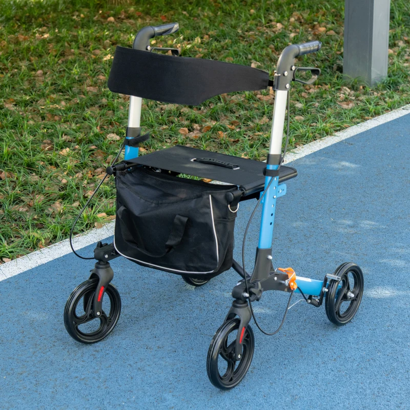 HOMCOM Andador dobrável com assento e encosto 4 rodas dobrável ajustável com bolsa de arrumação travões de mão azul e preto
