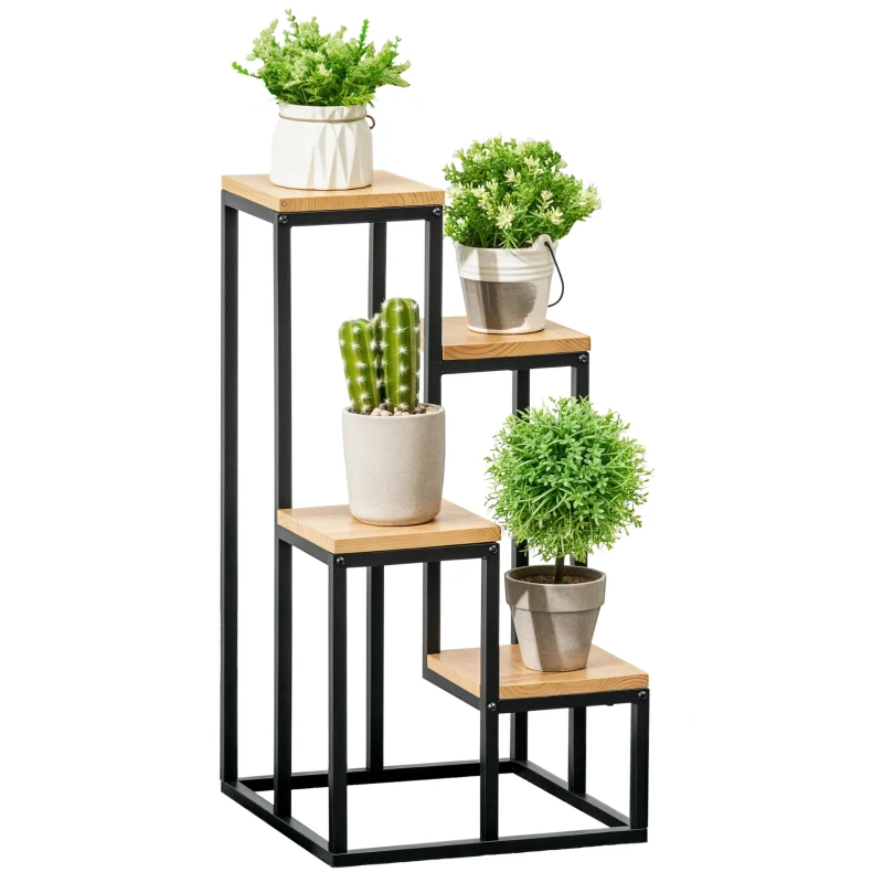 Outsunny Estante para plantas prateleira para flores em metal e madeira 4 níveis de diferentes alturas estilo industrial 34 x 34 x 66 cm