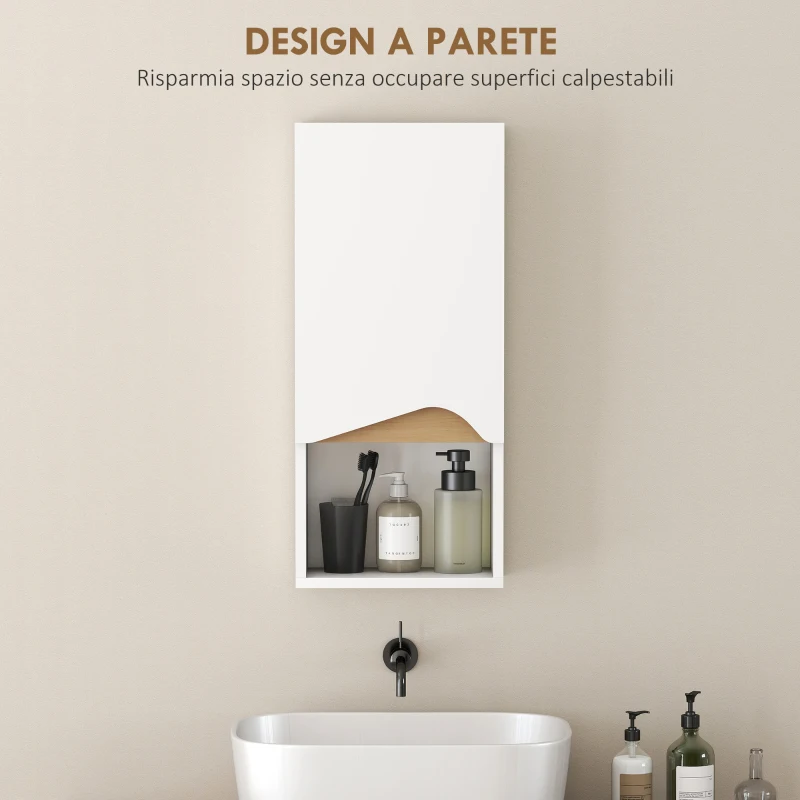 HOMCOM Pensile Bagno con Ripiano Aperto e Armadietto con Scaffale Regolabile, in Legno, 30x17x67 cm, Bianco e color Legno