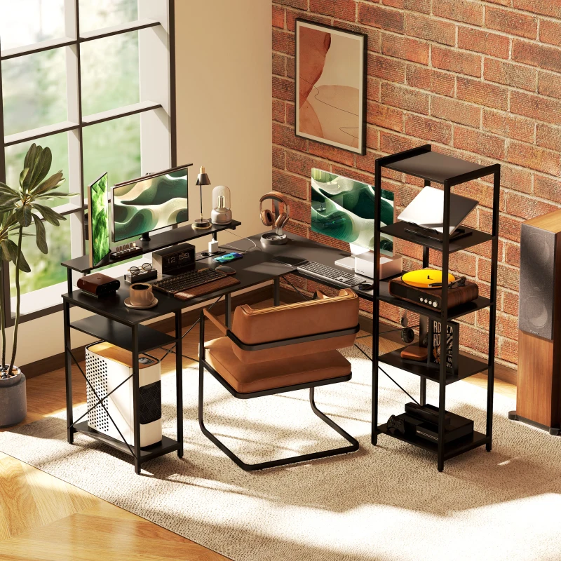 HOMCOM Mesa em L com Estação de Carregamento Mesa de Canto com Suporte para Monitor e Prateleiras para Casa e Escritório Preto