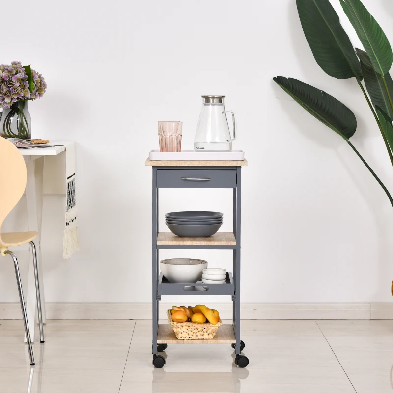 HOMCOM Carrinho de serviço para cozinha com rodas 2 prateleiras + tabuleiro removível + gaveta madeira de pinho MDF cinza carvalho claro
