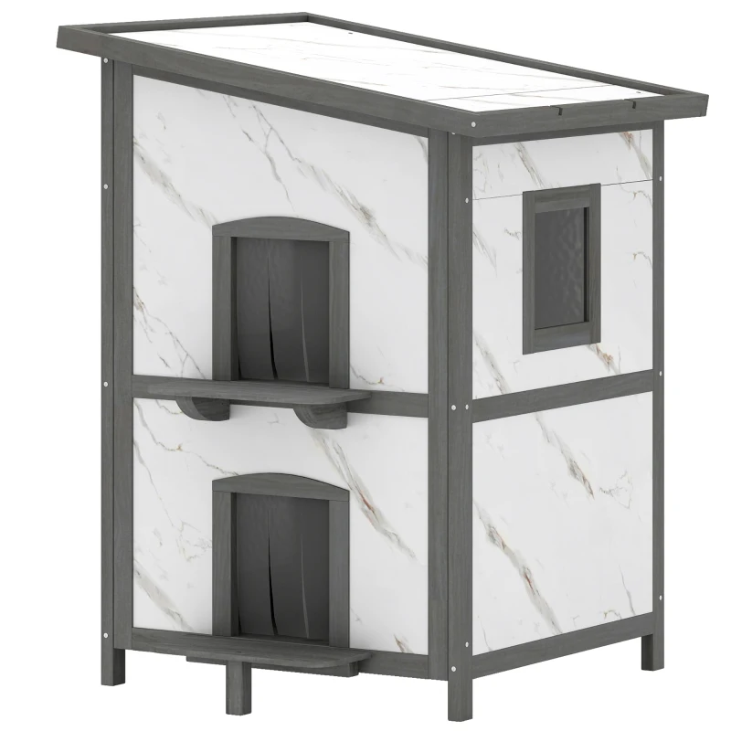 PawHut Casa para gatos exterior, Casa em madeira para gatos, várias entradas, janela, resistente à água, 60 x 60 x 88 cm, Branco