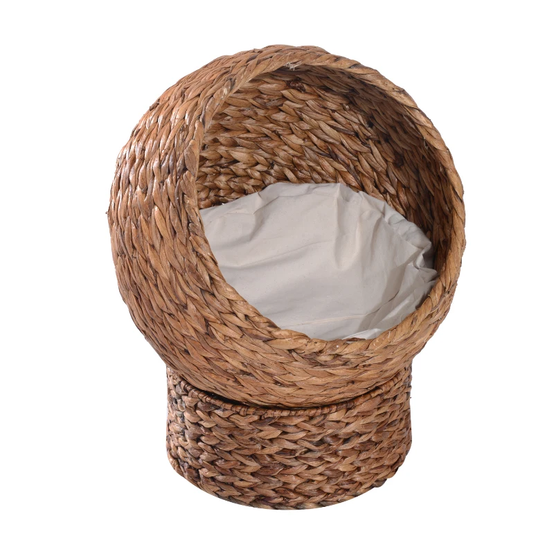 PawHut Cesto de Rattan para Gatos, Caverna/Casinha/Cama para Gatos com Almofada, Cama para Animais Junco d'água Castanho 50 x 42 x 60 cm