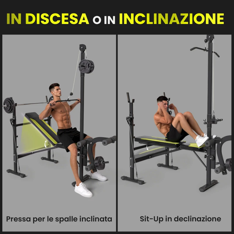 HOMCOM Panca Multifunzione Stazione Fitness con Schienale Regolabile su 3 Livelli, Supporto Gambe e Barra Superiore, 175x110x202cm, Nero