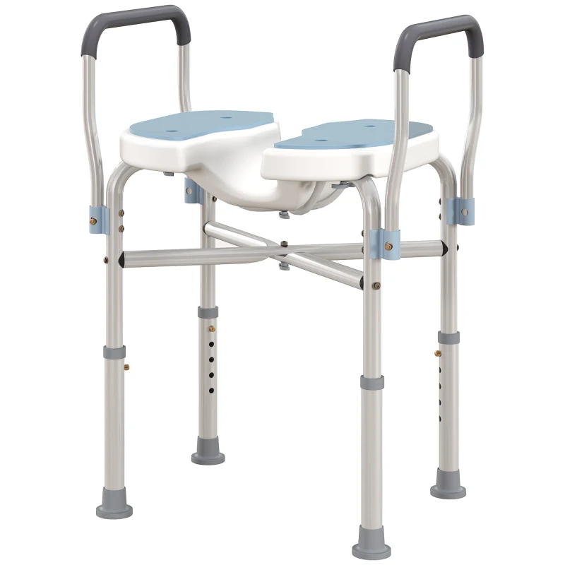 HOMCOM Cadeira de duche com apoios de braços assento de duche em U altura regulável antiderrapante 53 x 36 x 64-75 cm azul claro