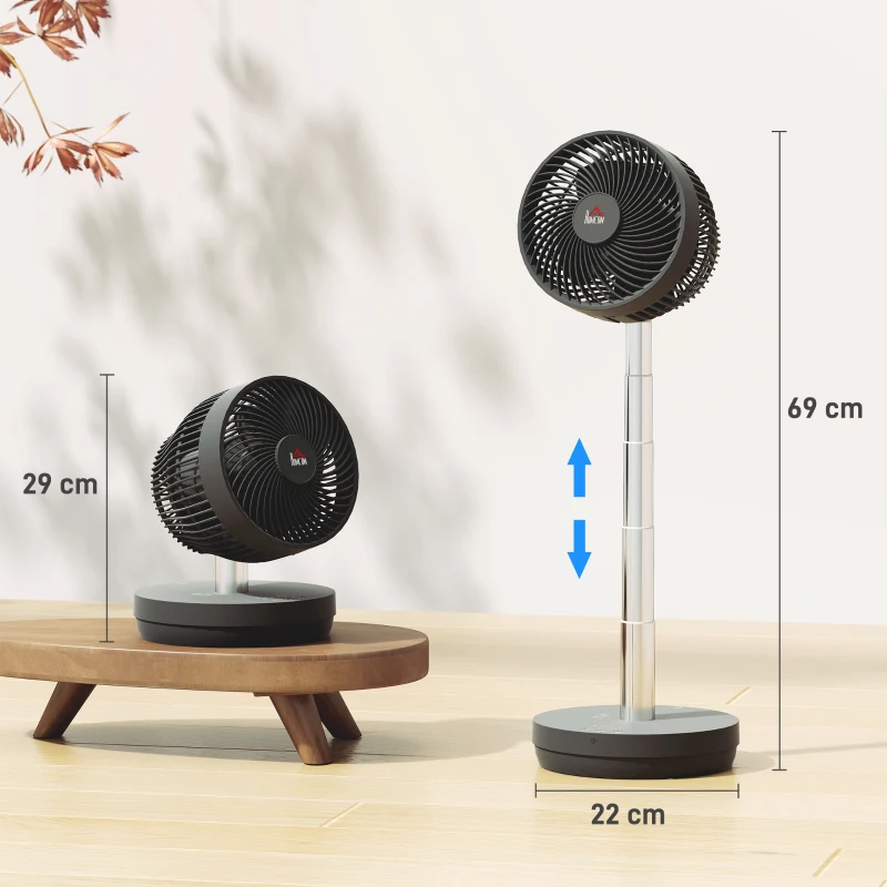 HOMCOM Ventilador de mesa com comando à distância e bateria recarregável, alimentado por USB, inclinação e altura ajustáveis, preto