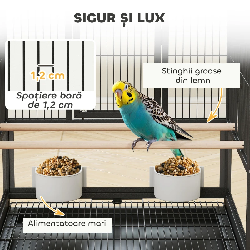 PawHut Cușcă pentru Păsări cu Roți cu Raft Inferior, Tavă și Grilă Negru