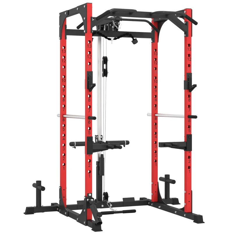SPORTNOW Stazione Fitness con Supporto per Bilanciere e Barra per Trazioni e Dip, in Acciaio, 191x153x205 cm, Rosso e Nero