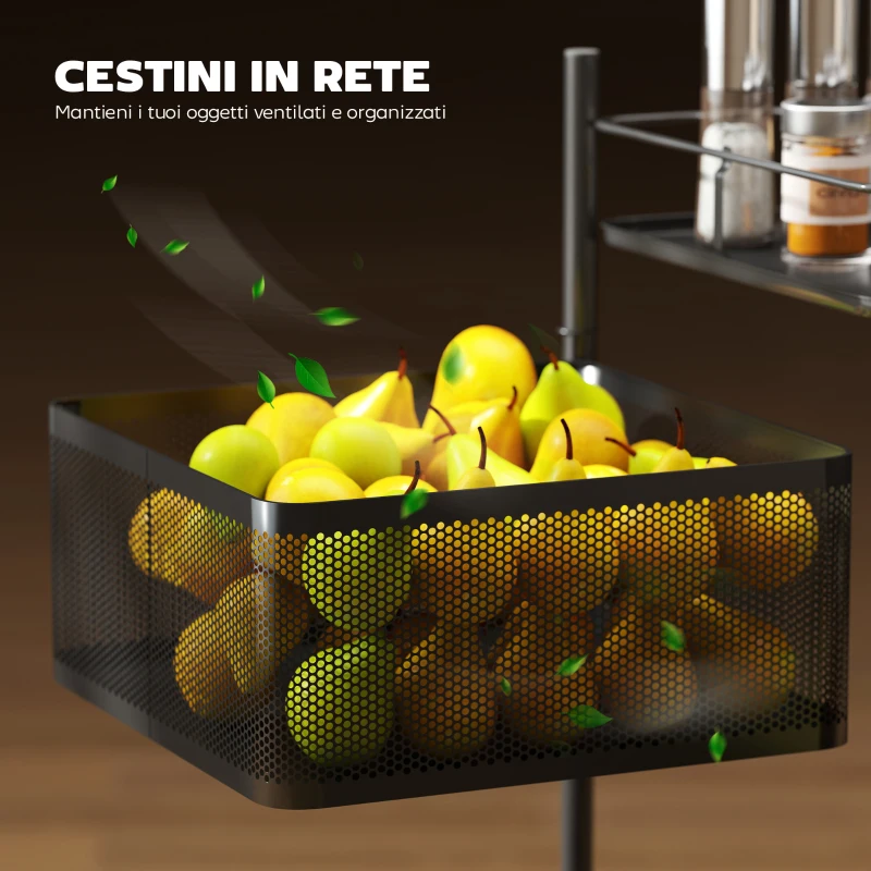 HOMCOM Carrello Cucina a 3 Livelli con Cestini in Metallo Girevoli, Ruote e Freno, 27.5x27.5x62 cm, Nero