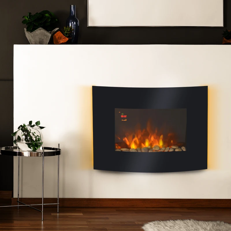 HOMCOM Camino Elettrico da Parete con 2 Livelli di Riscaldamento 900-1800W, Fiamma 7 Colori Regolabili e Telecomando, Nero