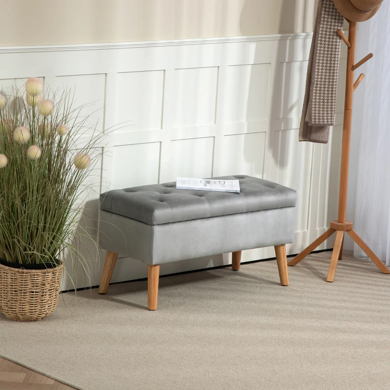 HOMCOM Banco de armazenamento baú de arrumação tecido efeito veludo pés em madeira carga máx. 120 kg 80 x 35 x 42 cm, cinza