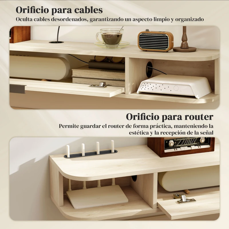 HOMCOM Mueble de TV Suspendido con Cajón Abatible 2 Estantes Abiertos Gestión de Cables 140x24x16 cm Madera Natural