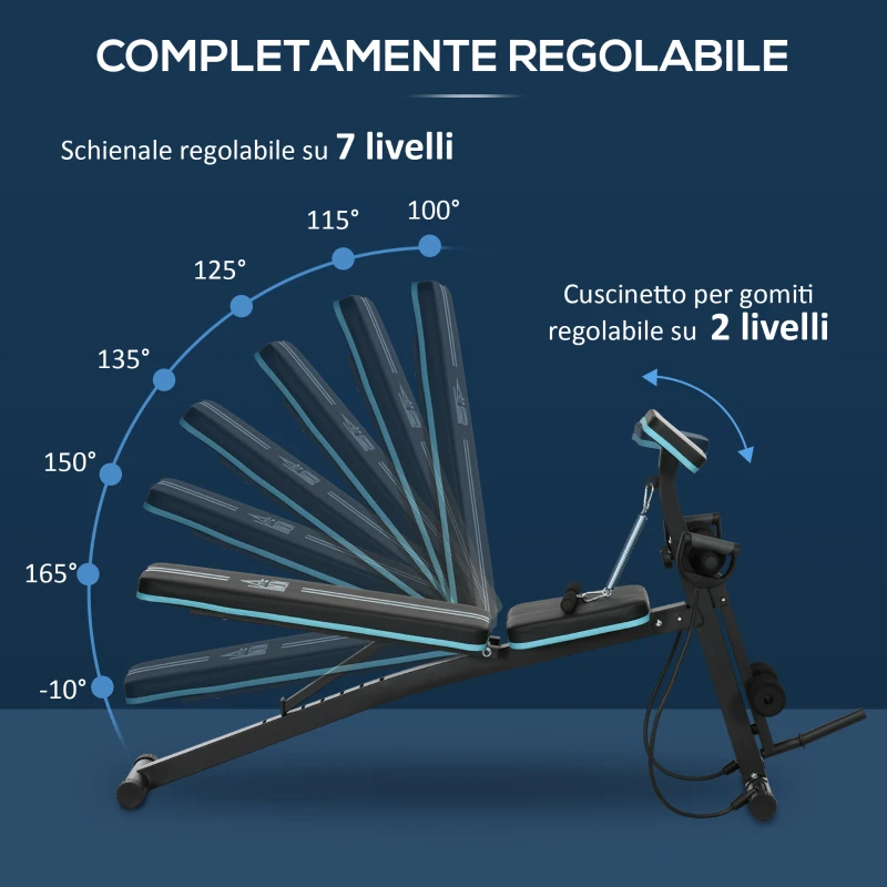 HOMCOM Panca Multifunzione Pieghevole con Schienale Regolabile a 7 Livelli, Leg Extension, Cuscinetto ed Elastici, Blu