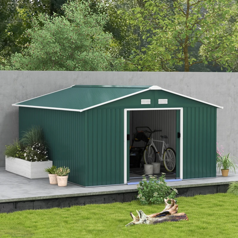 Outsunny 12.5ft Sliding Door Durable Steel Storage Shed with 4 Ventilation Outdoor, Green
