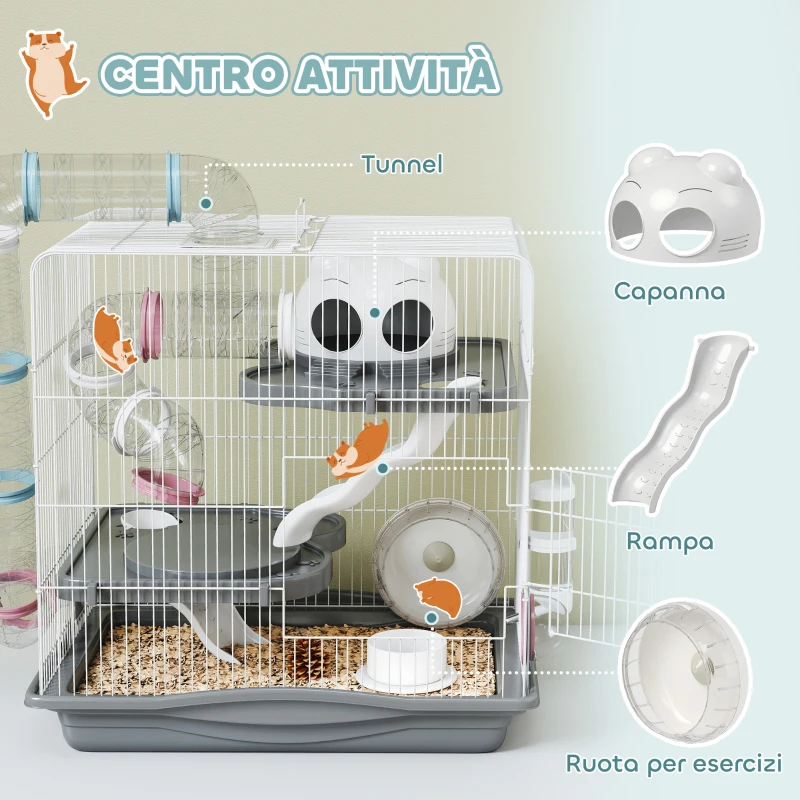 PawHut Gabbia per Criceti a 3 Livelli e 14 Tubi con Casetta, Rampa, e Accessori, in Metallo e Plastica, 45x30x45 cm, Grigio