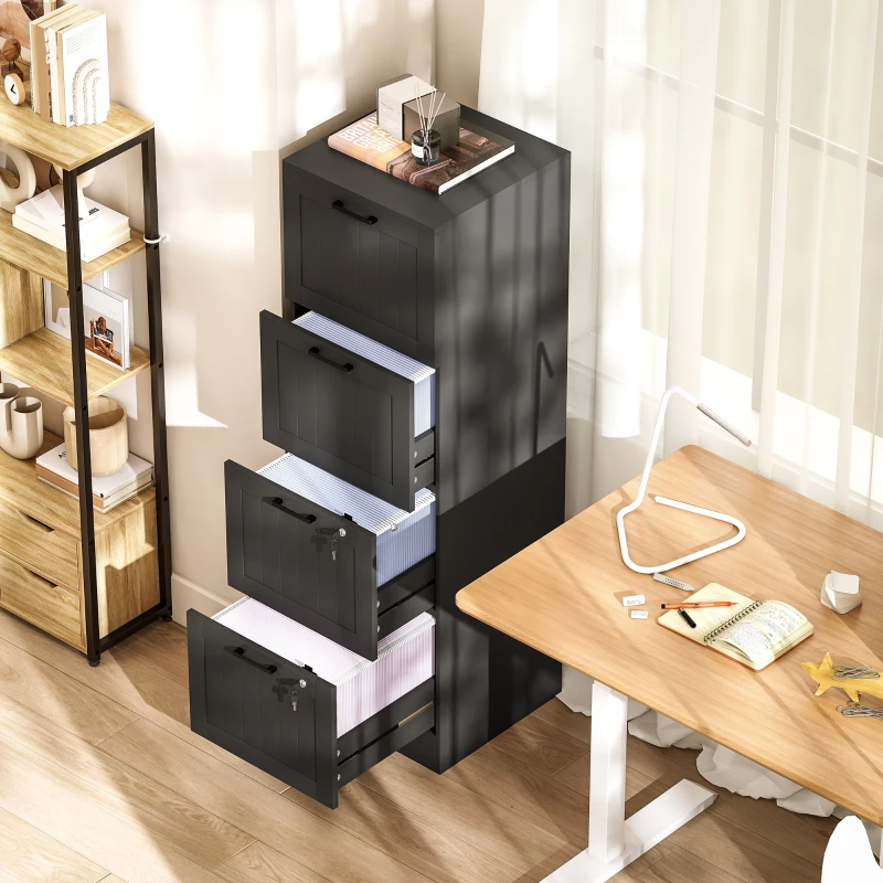 HOMCOM Cassettiera Portadocumenti a 4 Cassetti con Binario Regolabile e 2 Serrature, in Legno, 40x40x131 cm, Nero