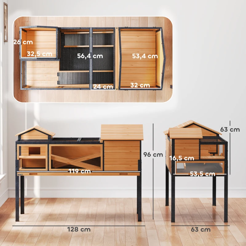 PawHut Casa para tartarugas de 2 andares 2 quartos janelas rampas teto abrível e bandeja 128 x 63 x 96 cm amarelo