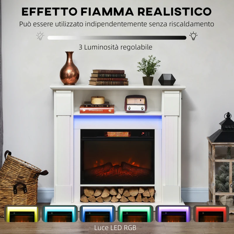 HOMCOM Camino Elettrico 1800W Regolabile con Fiamma 3D, Ripiano, Timer e Telecomando, 105x27x97 cm, Bianco