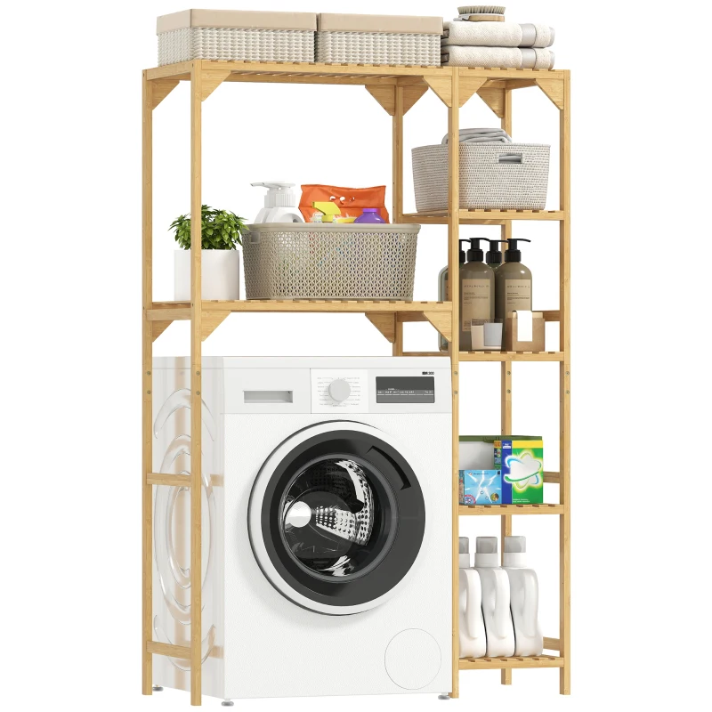 HOMCOM Mobile Sopra Lavatrice a 7 Ripiani con Spazio Regolabile, in Bambù, 100x40x157 cm, color Legno