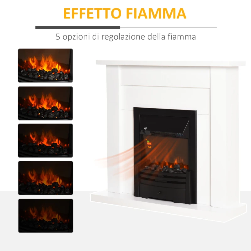 HOMCOM Camino Elettrico 1000W e 2000W, Effetto Fiamma con LED a 5 Livelli, Caminetto Elettrico con Telecomando, Timer, Protezione da Surriscaldamento, Termostato, 102x30x95cm, Bianco