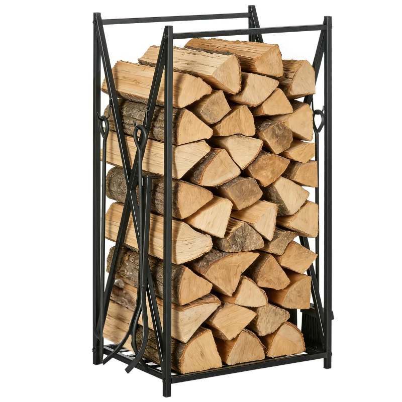 HOMCOM Portalegna da Interno ed Esterno in Acciaio con 4 Attrezzi Inclusi, Capacità 100kg 46x30x76cm Nero