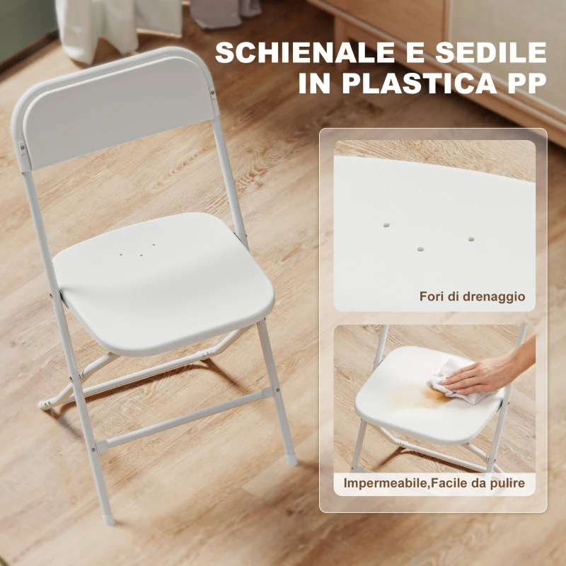 HOMCOM Set 6 Sedie Pieghevoli con Fori di Drenaggio in Plastica e Metallo, 45x49x79.5 cm, Bianco