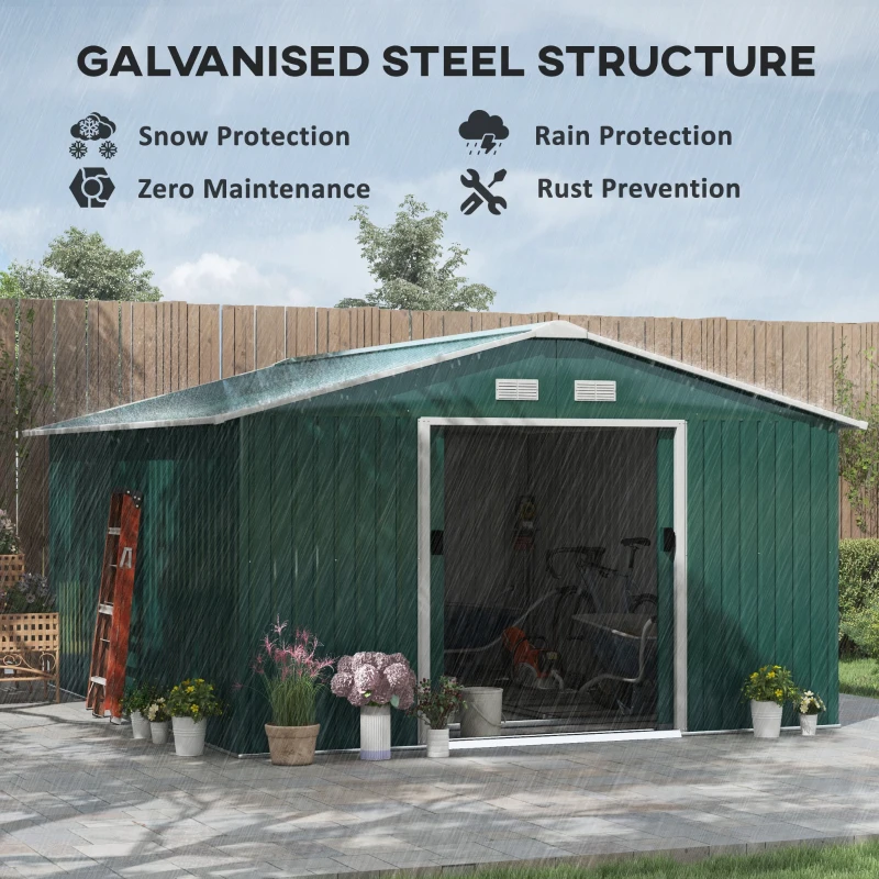 Outsunny 12.5ft Sliding Door Durable Steel Storage Shed with 4 Ventilation Outdoor, Green