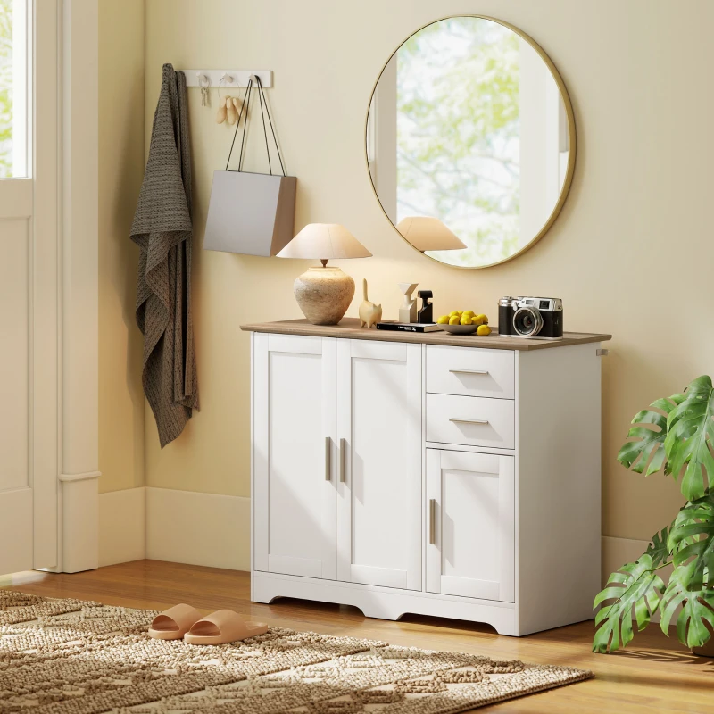 HOMCOM Credenza Moderna in Legno con 2 Cassetti e 2 Armadietti, 100x40x78 cm, Bianco e color Legno