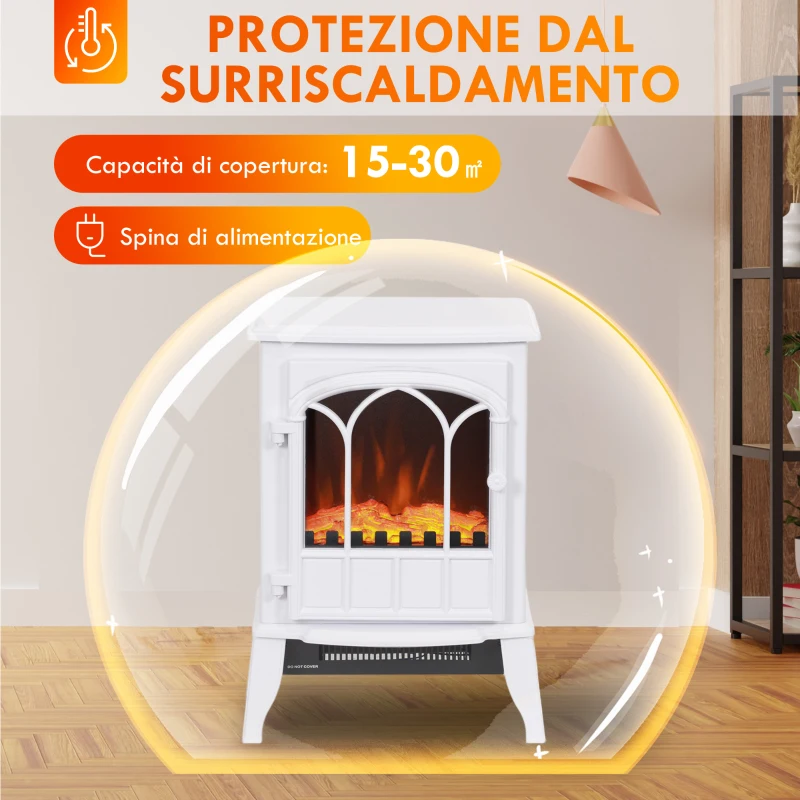 HOMCOM Camino da Terra Elettrico Potenza 1000W / 2000W con Effetto Fiamma Regolabile, 39x23x56.5cm, Bianco