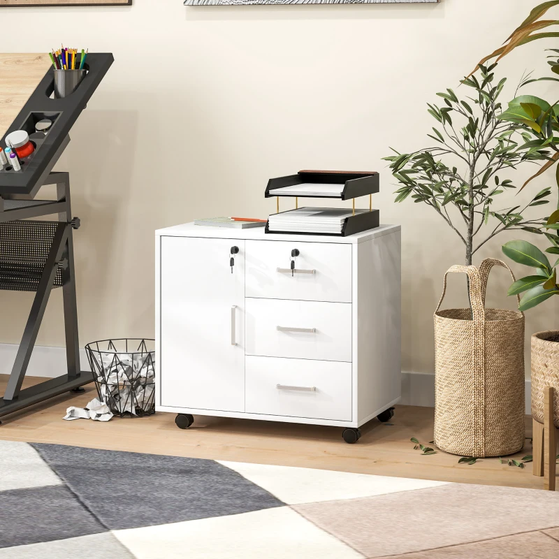 HOMCOM Caisson bureau meuble de rangement verrouillable avec 3 tiroirs et étagère réglable, roulettes, 40 x 60 x 56 cm, blanc