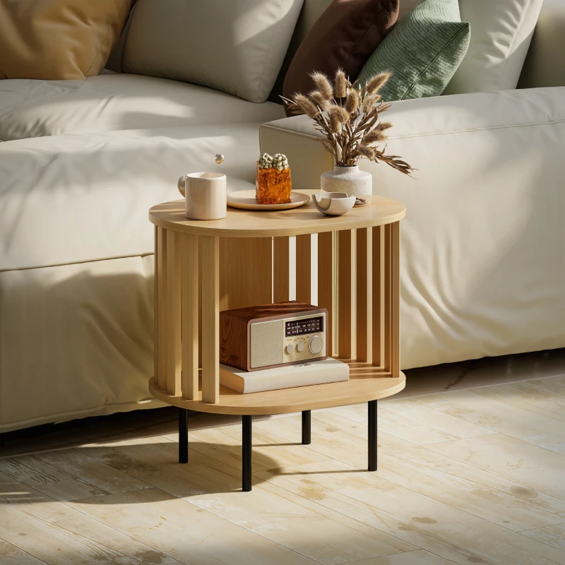 HOMCOM Mesa lateral oval mesa de apoio armazenamento aberto pés em aço design de ripas 50x39x50cm efeito madeira natural