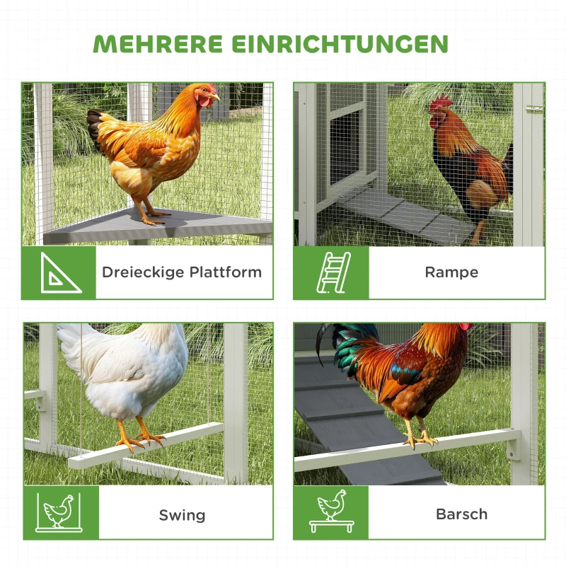 PawHut Großer Hühnerstall für 7-10 Hühner, Sitzstangen, Schaukel, Fenster, Nistkästen, Maschendraht, Grau